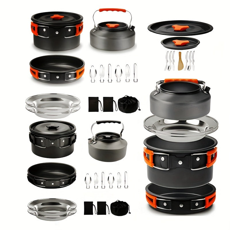 Kettle set pot 2-3 people camping pot and pan outdoor camping cookware portable combination pot set camping tableware, easy to carry and occupy little space, cooking pot, frying pan, kettle, two sets of knives and forks, fold