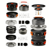 Kettle set pot 2-3 people camping pot and pan outdoor camping cookware portable combination pot set camping tableware, easy to carry and occupy little space, cooking pot, frying pan, kettle, two sets of knives and forks, fold