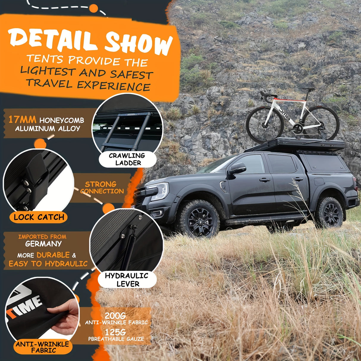 BEDTIME Hard Shell Rooftop Tent-Honeycomb Aluminum, Hydraulic Support, Three Second Speed Open, Roof Rack, High Rebound Memory Sponge Mattress, Sturdy, Better Ventilation For 2-3 People Car SUV Truck Tent