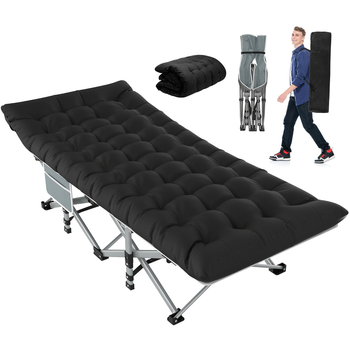 Folding Camping Cot Bed For Adults Sleeping 1200D Double Layer Oxford Portable Folding Outdoor Cots For Camping W/Soft Pad Carry Bag, Portable Travel Camp Cot Bed, Heavy Duty, For Patio, Courtyard, Lawn, And Garden, Ideal As