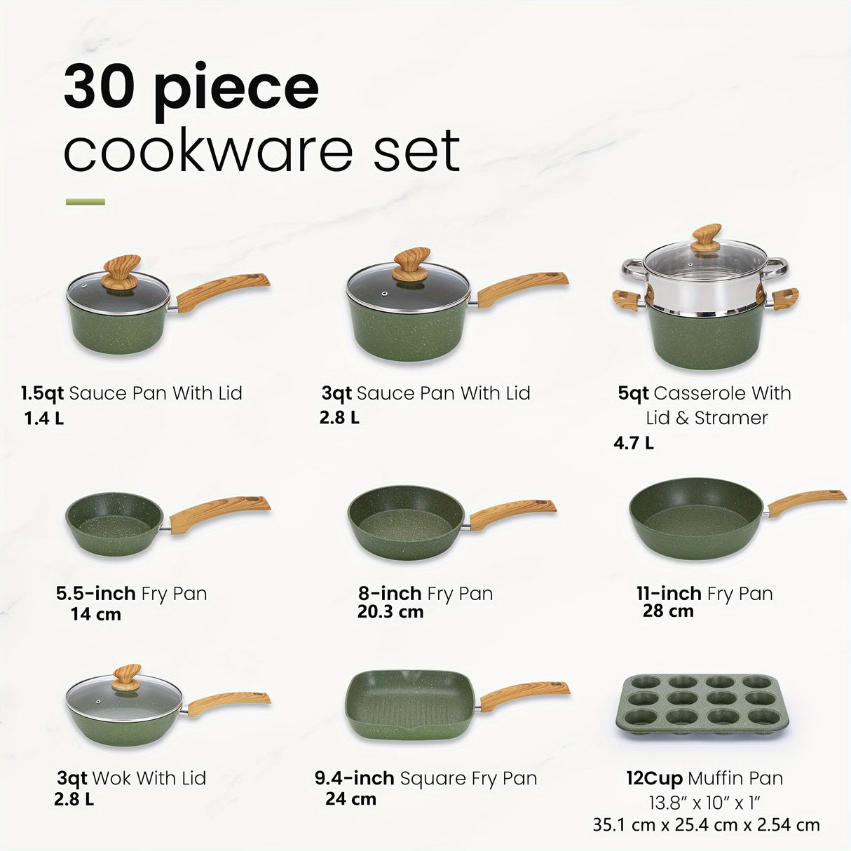 Kitchen Academy Pots and Pans Set Nonstick, 30 Pieces Induction Kitchen Cookware Set, Granite Coating Cooking Pans Set