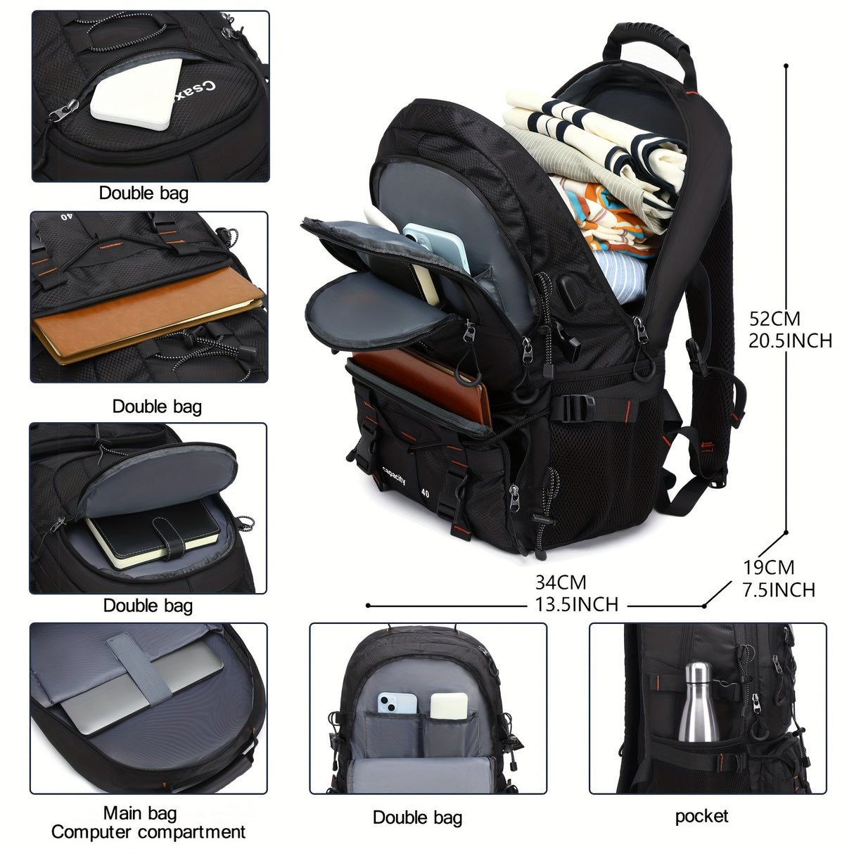 [40L CsakeKecna Backpack] CsakeKecna 40L Lightweight Hiking Backpack | Large Capacity Travel Climbing Rucksack with Laptop Compartment, USB Powered, Adjustable Straps, Zip Closure, Polyester Lining - Solid Color for Men and W
