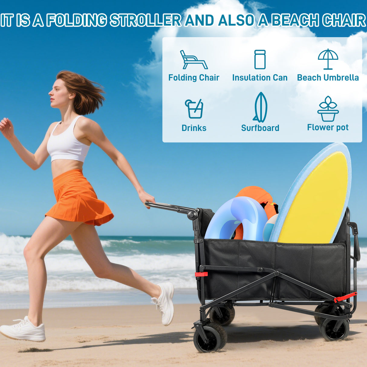 Collapsible Folding Wagon Cart, Convertible beach chair, Large Capacity Camping Wagon, Can hold up to 400 lbs, All Terrain Foldable Wagon, Heavy Duty Utility Wagon Cart For Grocery Outdoor Beach Gardening Shopping Fishing