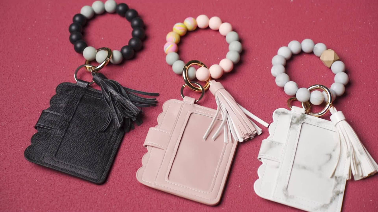 3pcs Silicone Beaded Bracelet Card Holder, Leopard Print PU Tassel Wallet Keychain, Camping Bag Accessories