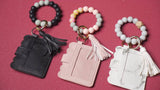 3pcs Silicone Beaded Bracelet Card Holder, Leopard Print PU Tassel Wallet Keychain, Camping Bag Accessories