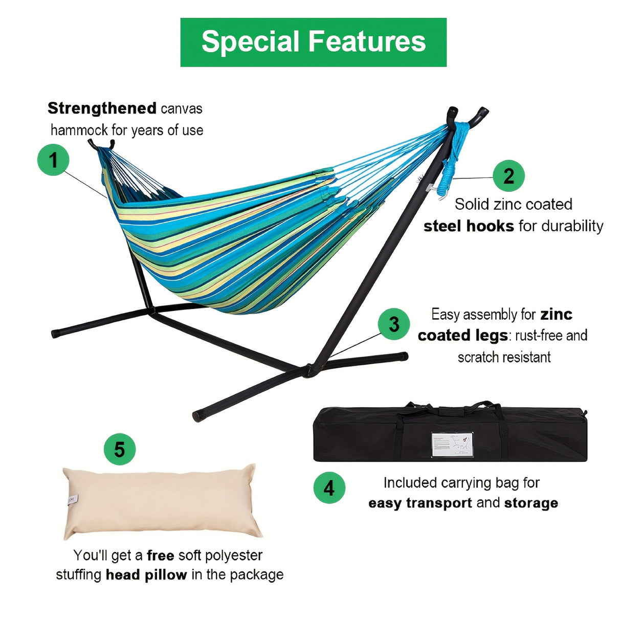 Lazy Daze Hammocks Double Hammock with Space Saving Steel Stand Includes Portable Carrying Case and Head Pillow, 450 Pounds Capacity