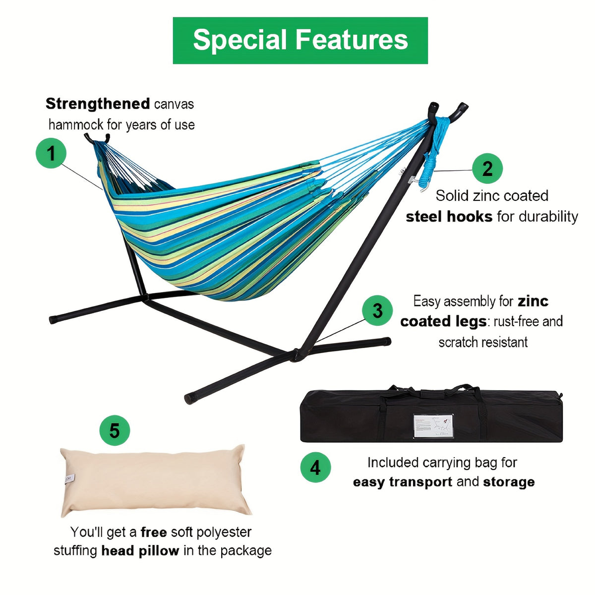 Lazy Daze Hammocks Double Hammock with Space Saving Steel Stand Includes Portable Carrying Case and Head Pillow, 450 Pounds Capacity