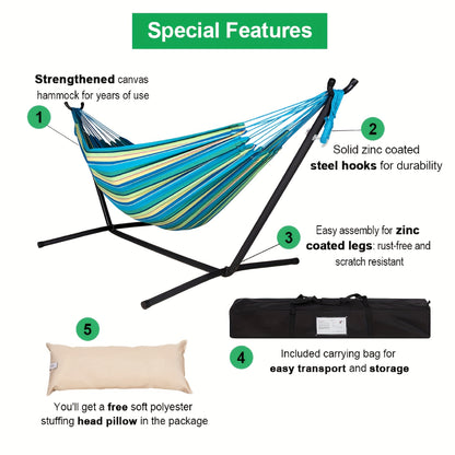Lazy Daze Hammocks Double Hammock with Space Saving Steel Stand Includes Portable Carrying Case and Head Pillow, 450 Pounds Capacity