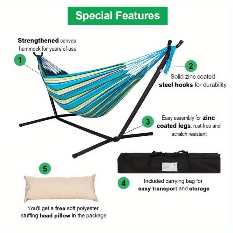 Heavy-Duty 450lb Capacity Double Hammock with Space-Saving Steel Stand - 84"x59" Outdoor/Indoor Durable Canvas & Weather-Resistant Powder Coated Steel Frame, Foldable Design w/Carrying Case & Head Pillow for Camping, Patio, G