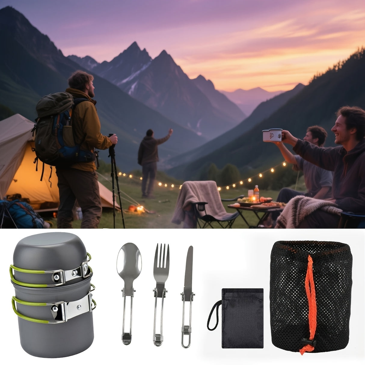 1pc Camping Cookware Kit With Stainless Forks Knives Spoons For Outdoor Camping, Picnic, Travel, Cooking