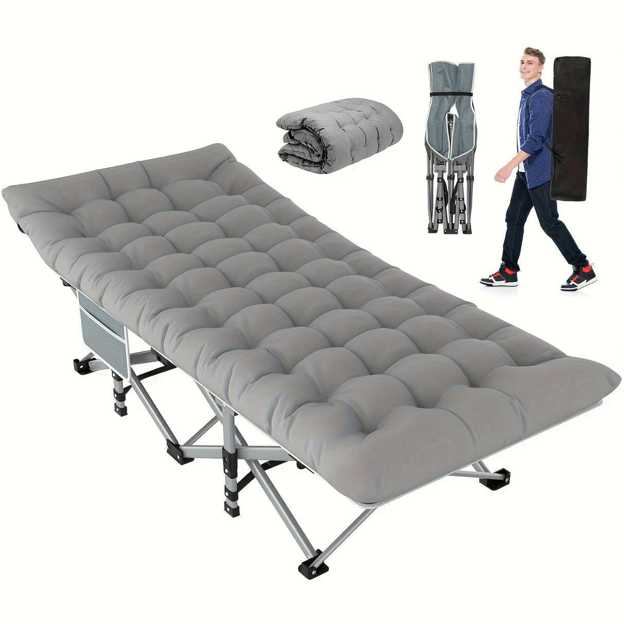 Folding Camping Cot Bed For Adults Sleeping 1200D Double Layer Oxford Portable Folding Outdoor Cots For Camping W/Soft Pad Carry Bag, Portable Travel Camp Cot Bed, Heavy Duty, For Patio, Courtyard, Lawn, And Garden, Ideal As