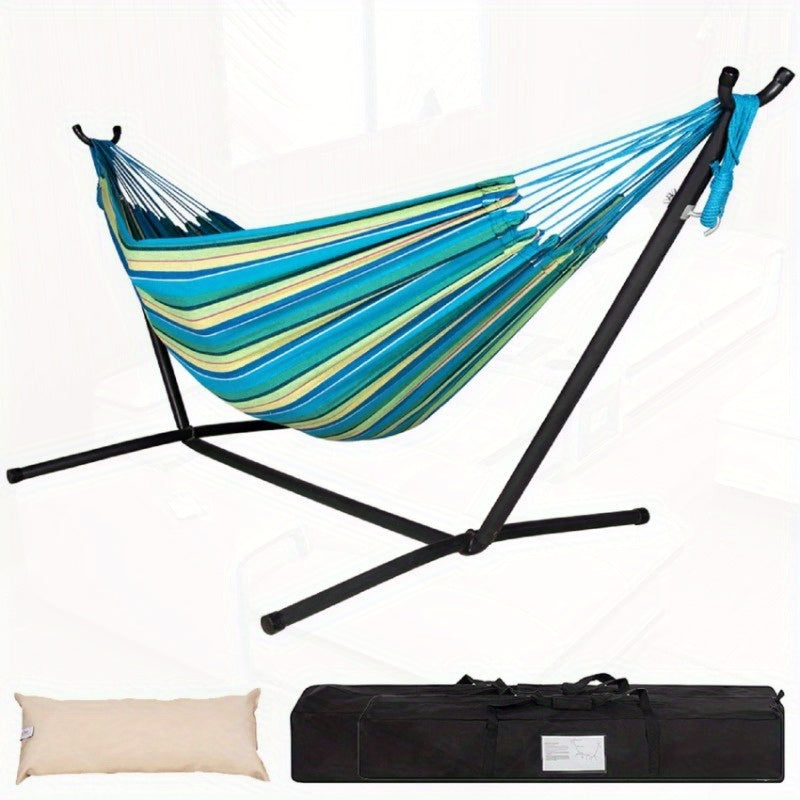 Heavy-Duty 450lb Capacity Double Hammock with Space-Saving Steel Stand - 84"x59" Outdoor/Indoor Durable Canvas & Weather-Resistant Powder Coated Steel Frame, Foldable Design w/Carrying Case & Head Pillow for Camping, Patio, G