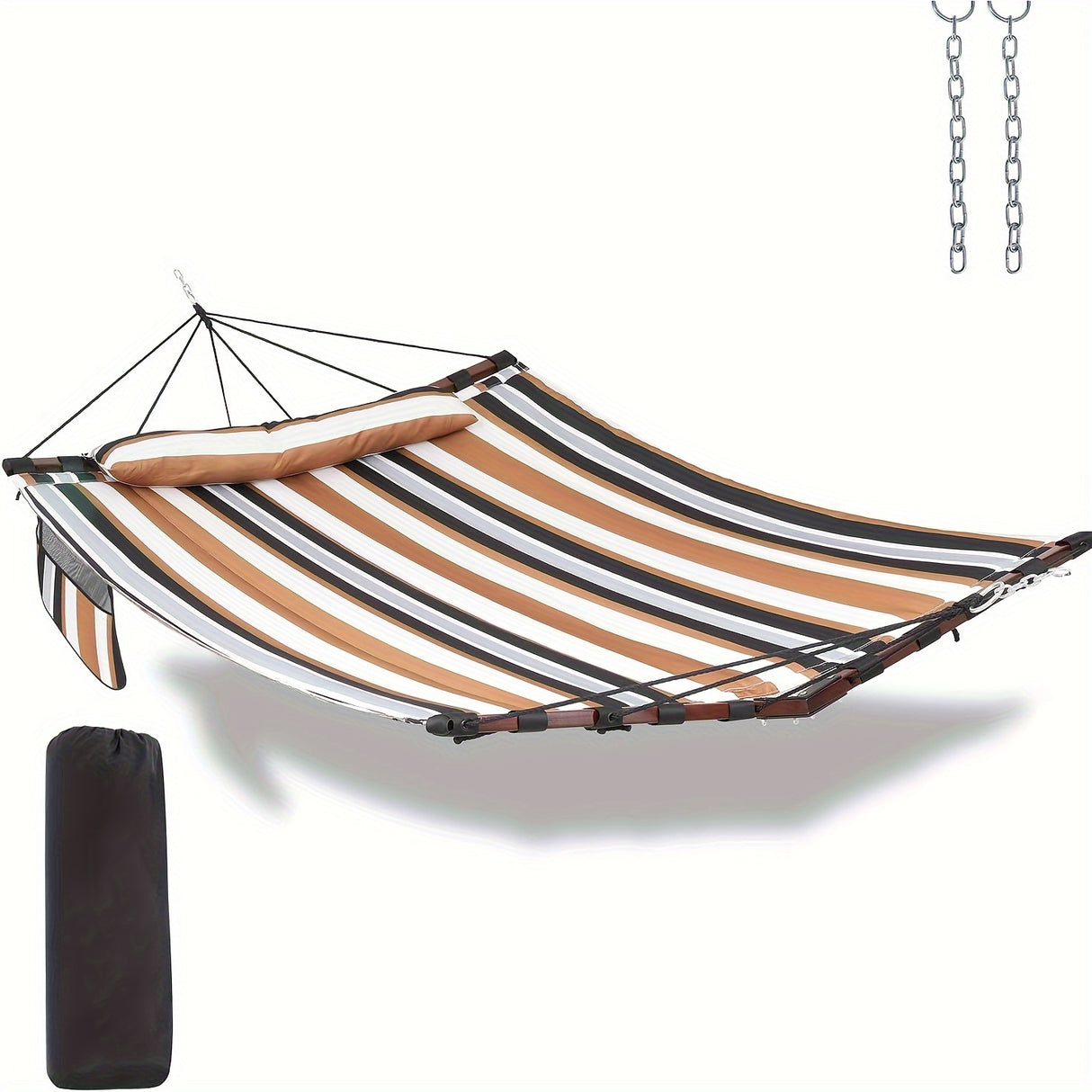 Deluxe 12ft 2-Person Beige Hammock with V-Shaped Hardwood Spreader Bar & Durable Nylon Rope - 450LB Capacity, Quick-Dry Fabric for Patio, Garden, Backyard, Beach & Poolside Relaxation, Hammocks for Outside