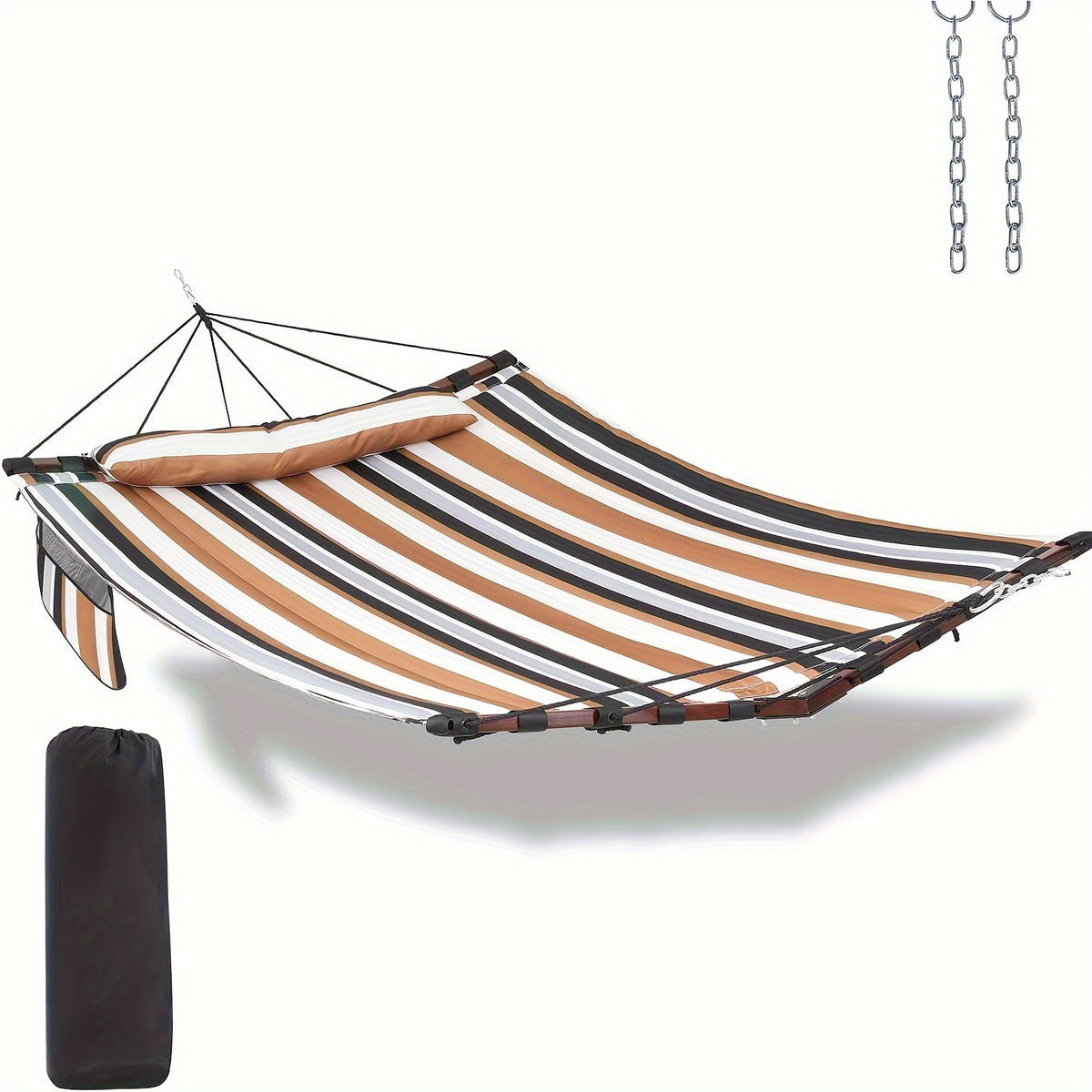 Deluxe 12ft 2-Person Beige Hammock with V-Shaped Hardwood Spreader Bar & Durable Nylon Rope - 450LB Capacity, Quick-Dry Fabric for Patio, Garden, Backyard, Beach & Poolside Relaxation, Hammocks for Outside