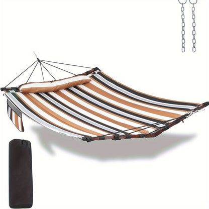 Deluxe 12ft 2-Person Beige Hammock with V-Shaped Hardwood Spreader Bar & Durable Nylon Rope - 450LB Capacity, Quick-Dry Fabric for Patio, Garden, Backyard, Beach & Poolside Relaxation, Hammocks for Outside