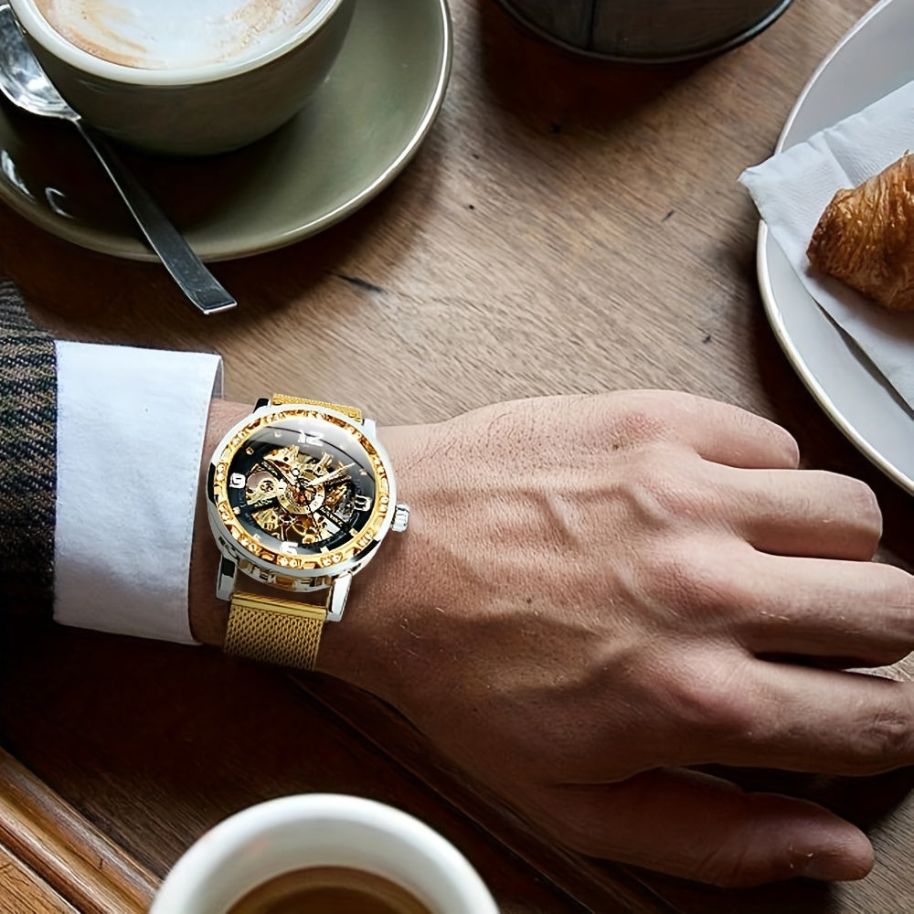 Vintage Skeleton Mechanical Watches Rhinestone Studded Stainless Steel Strap Luminous Watch, Ideal choice for Gifts