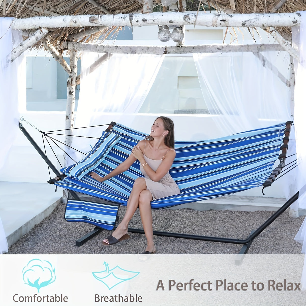 Deluxe 12ft 2-Person Beige Hammock with V-Shaped Hardwood Spreader Bar & Durable Nylon Rope - 450LB Capacity, Quick-Dry Fabric for Patio, Garden, Backyard, Beach & Poolside Relaxation, Hammocks for Outside