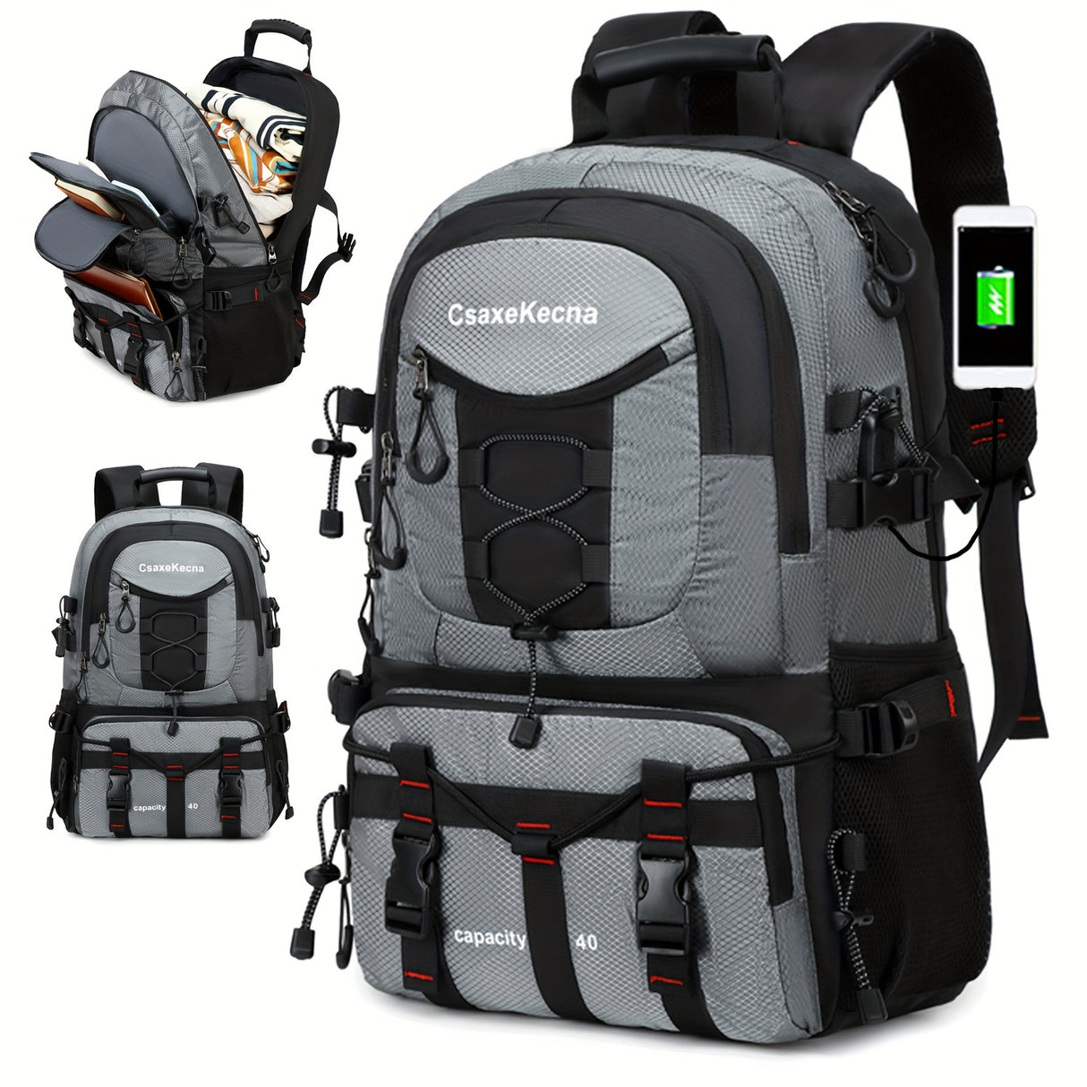 [40L CsakeKecna Backpack] CsakeKecna 40L Lightweight Hiking Backpack | Large Capacity Travel Climbing Rucksack with Laptop Compartment, USB Powered, Adjustable Straps, Zip Closure, Polyester Lining - Solid Color for Men and W