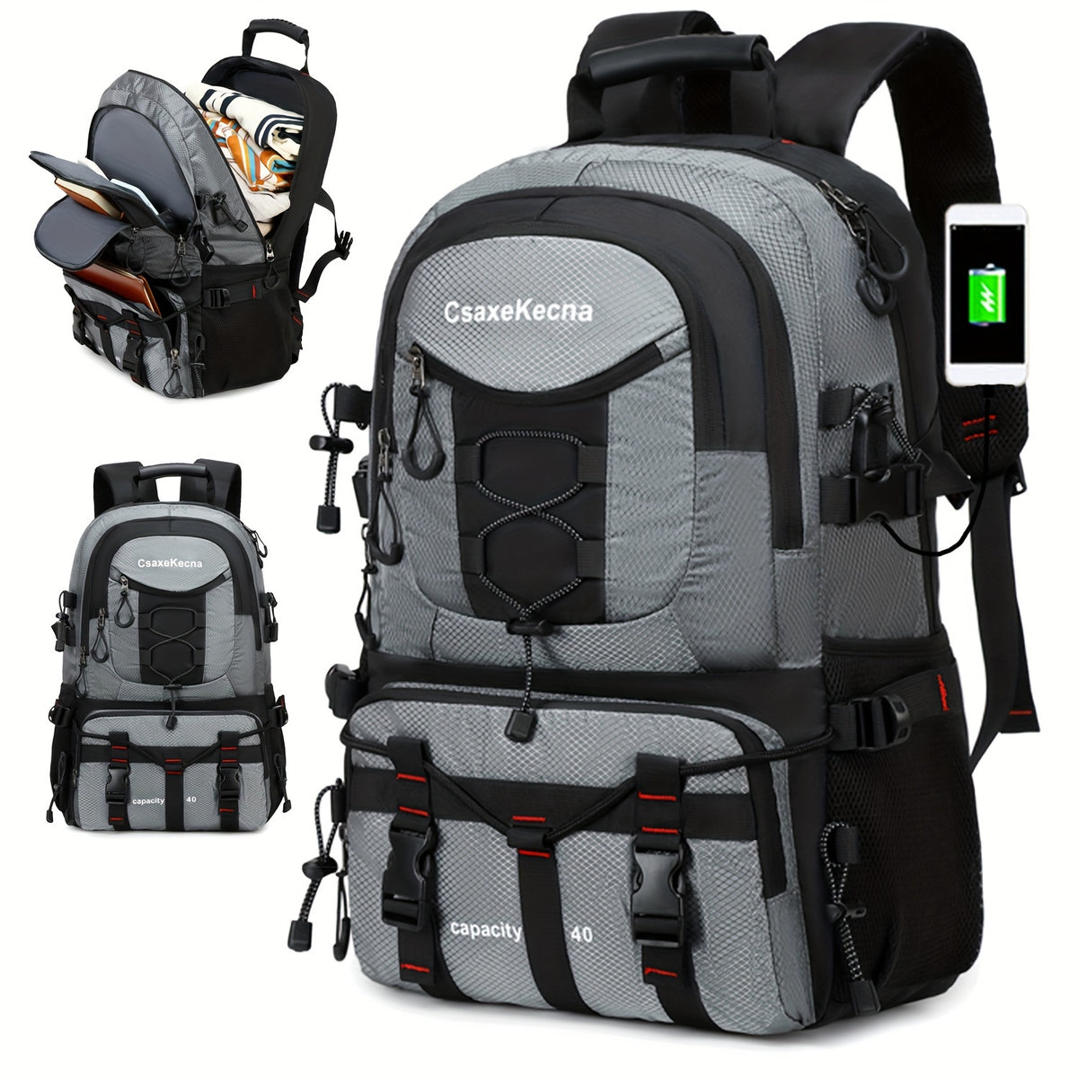 [40L CsakeKecna Backpack] CsakeKecna 40L Lightweight Hiking Backpack | Large Capacity Travel Climbing Rucksack with Laptop Compartment, USB Powered, Adjustable Straps, Zip Closure, Polyester Lining - Solid Color for Men and W