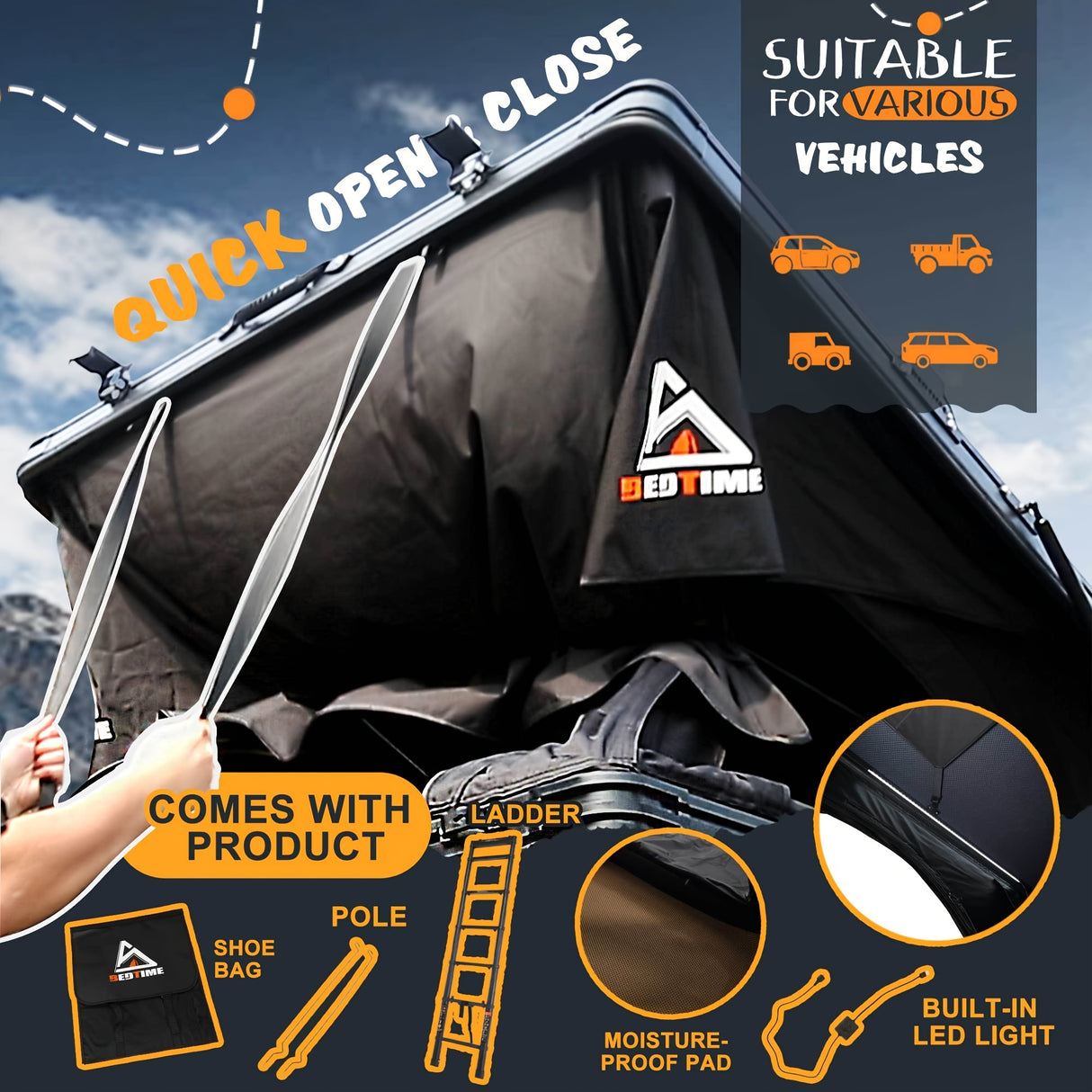 BEDTIME Hard Shell Rooftop Tent-Honeycomb Aluminum, Hydraulic Support, Three Second Speed Open, Roof Rack, High Rebound Memory Sponge Mattress, Sturdy, Better Ventilation For 2-3 People Car SUV Truck Tent