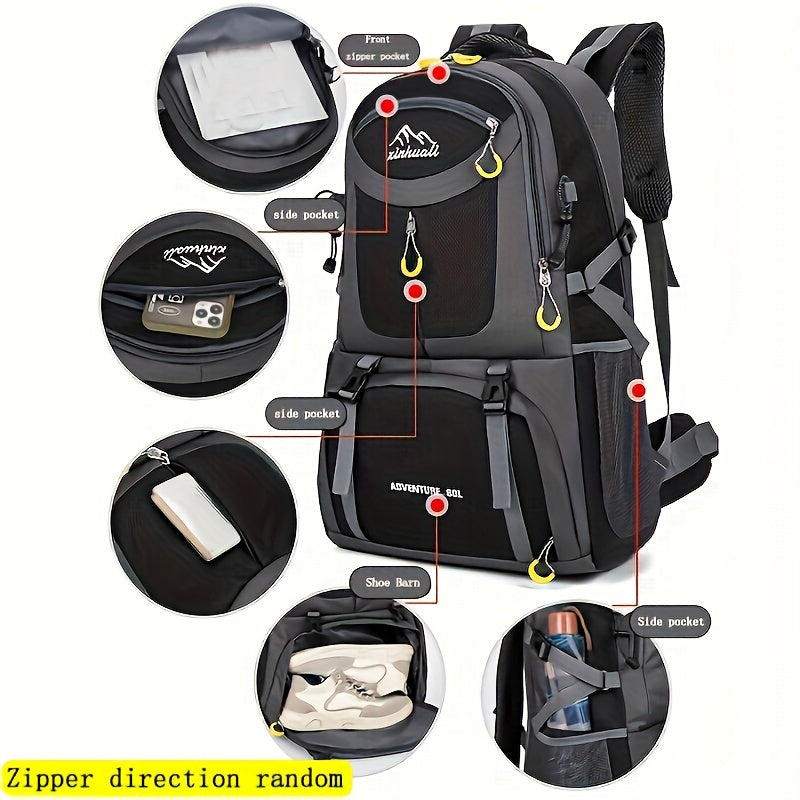 OGEHUAFEE 40L Adventure Backpack - Black with Yellow Accents, Adjustable Straps, Multiple Compartments, Durable Nylon, Ideal for Hiking, Travel, and Everyday Use, Travel Gear | Adjustable Strap Backpack | Durable Zippers