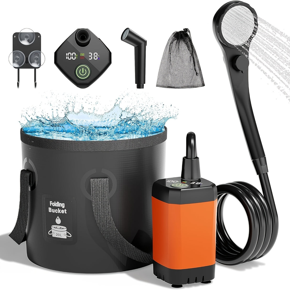 [Portable Shower] 6000mAh Portable Camping Shower | 5 Gallon Foldable Bucket & Filtered Shower Head - Battery/USB Powered Outdoor Shower for Hiking, Beach, Travel, Pet Bath, Car Washing, Surf & Boat Cleaning, Highquality Comp