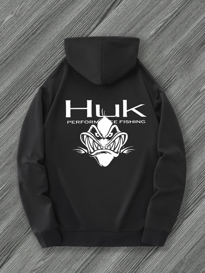 [Trendy Hooded Sweatshirt] HUK PERFORMANCE FISHING Men's Trendy Hooded Sweatshirt | Casual Drawstring Hoodie with Kangaroo Pocket, Geometric Design, All-Season Wear, Regular Fit