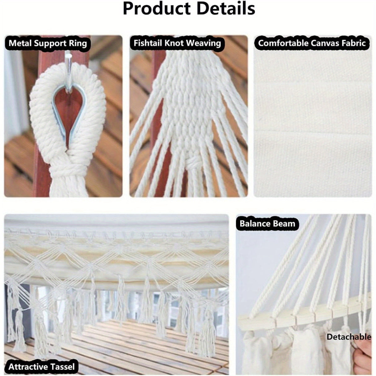 Tassel Hammock, Double Boho Hammocks with Fringe, Portable Camping Indoor Outdoor Garden Hammock Swing with Travel Bag, Max 500lbs Load Capacity for Outdoor, Garden, Patio, Wedding Decor White