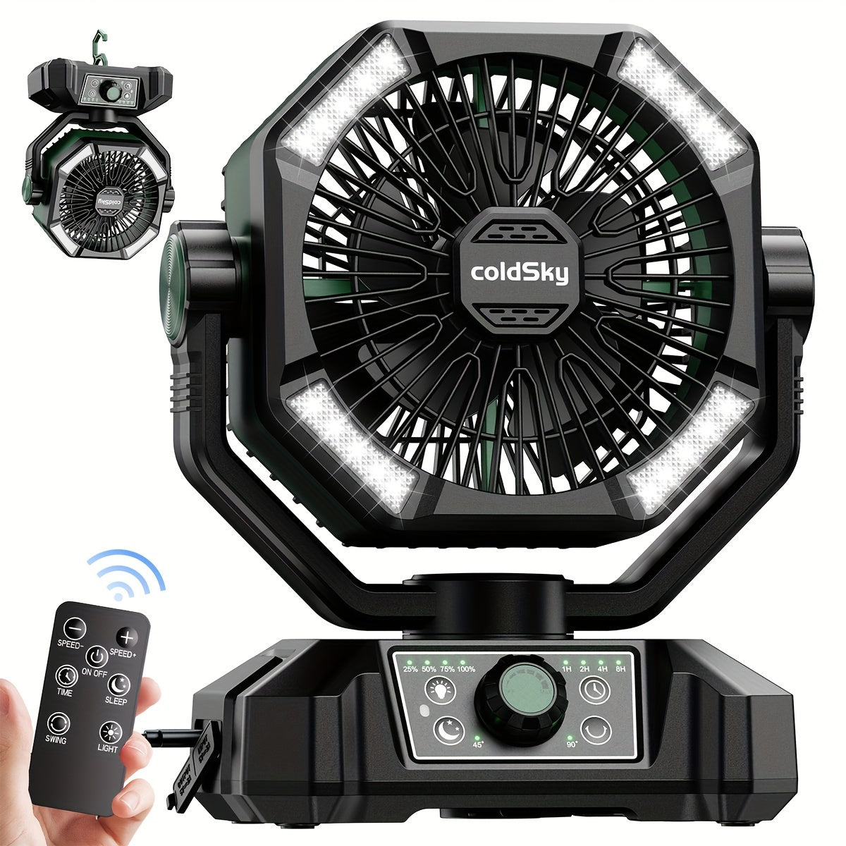 20000mAh Battery Powered Camping Fan - Dual Motor, 8-Speed Remote Control & 4 LED Lanterns, Portable Outdoor Fan with Tent Hook for Camping, Blackouts, Construction Sites