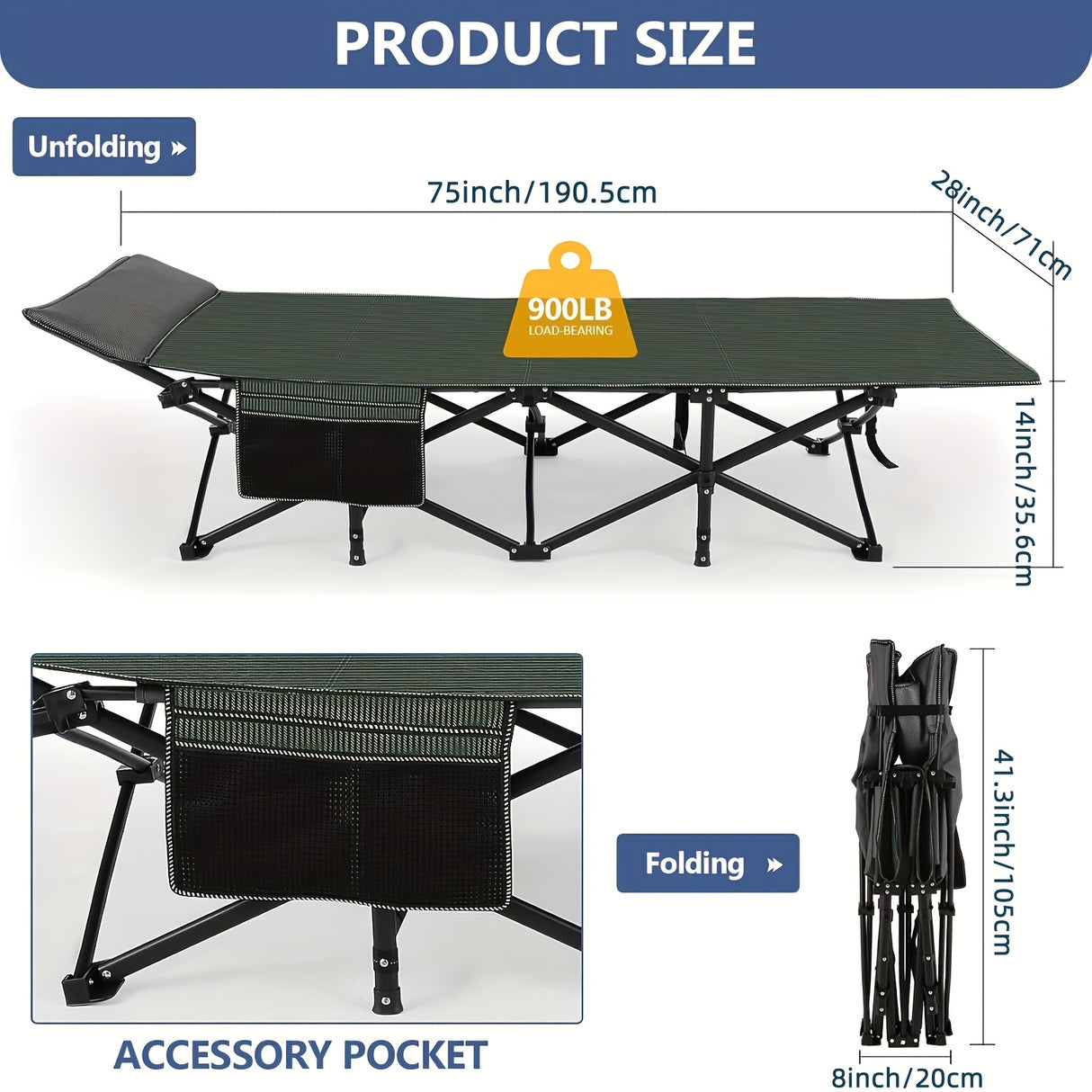 Camping Cots for Adults with Mattress, Chaise Lounges Folding Outdoor Camping Travel Cot with Pad 900LBS(Max Load), Lightweight, Stable, Durable Folding Bed with Carrying Bag