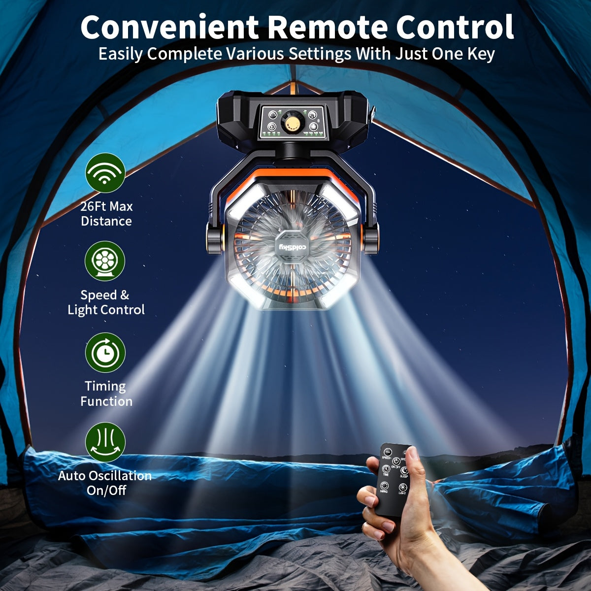 20000mAh Battery Powered Camping Fan - Dual Motor, 8-Speed Remote Control & 4 LED Lanterns, Portable Outdoor Fan with Tent Hook for Camping, Blackouts, Construction Sites