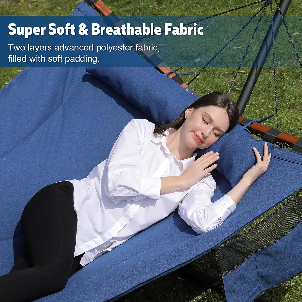 Deluxe 12ft 2-Person Beige Hammock with V-Shaped Hardwood Spreader Bar & Durable Nylon Rope - 450LB Capacity, Quick-Dry Fabric for Patio, Garden, Backyard, Beach & Poolside Relaxation, Hammocks for Outside