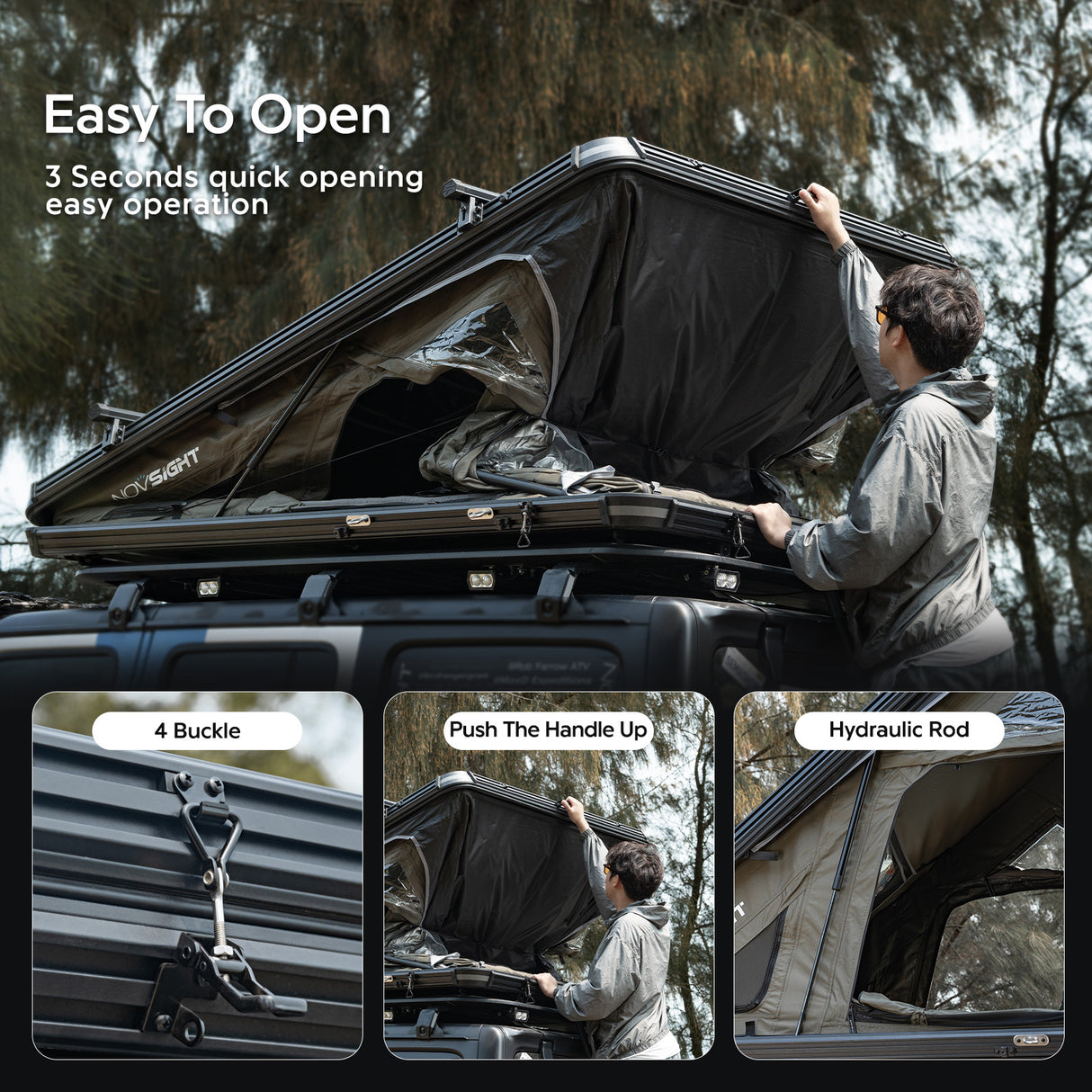 NOVSIGHT Black Roof Top Hard Shell Rooftop Tent 2-3 People Car Camping All Season with Luggage Rack Waterproof Rooftop Tent for for Jeep SUV Truck Overland Car Roof Tent For Camping with Ladder