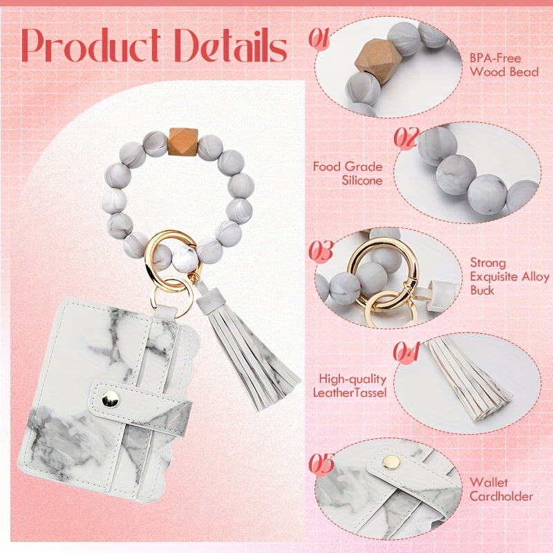 3pcs Silicone Beaded Bracelet Card Holder, Leopard Print PU Tassel Wallet Keychain, Camping Bag Accessories