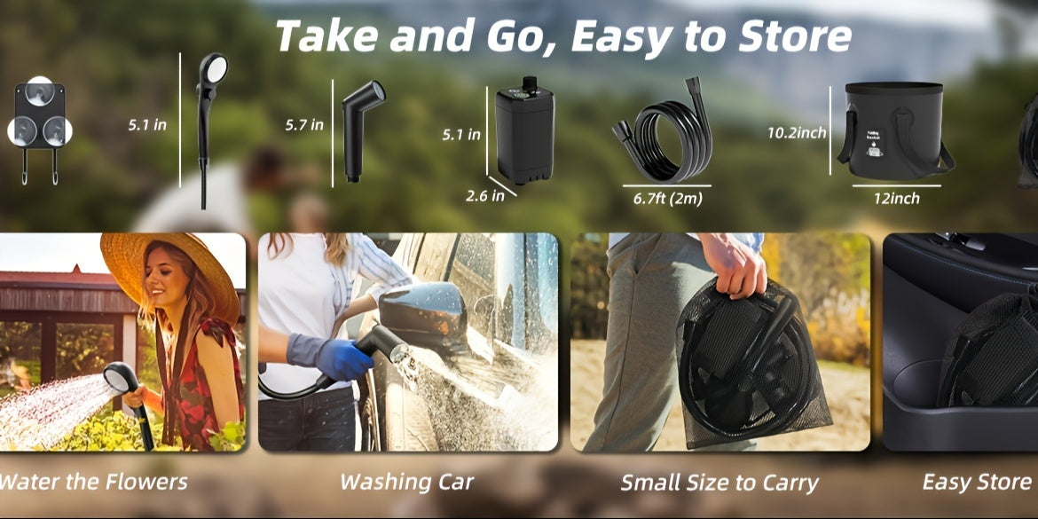 [Portable Shower] 6000mAh Portable Camping Shower | 5 Gallon Foldable Bucket & Filtered Shower Head - Battery/USB Powered Outdoor Shower for Hiking, Beach, Travel, Pet Bath, Car Washing, Surf & Boat Cleaning, Highquality Comp