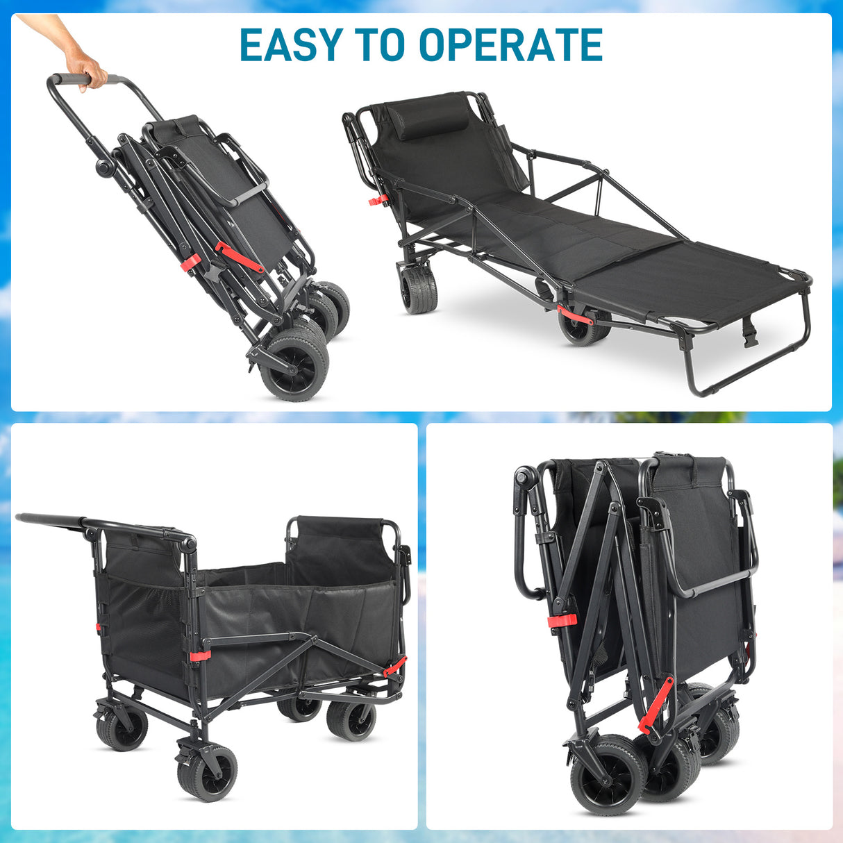 Collapsible Folding Wagon Cart, Convertible beach chair, Large Capacity Camping Wagon, Can hold up to 400 lbs, All Terrain Foldable Wagon, Heavy Duty Utility Wagon Cart For Grocery Outdoor Beach Gardening Shopping Fishing