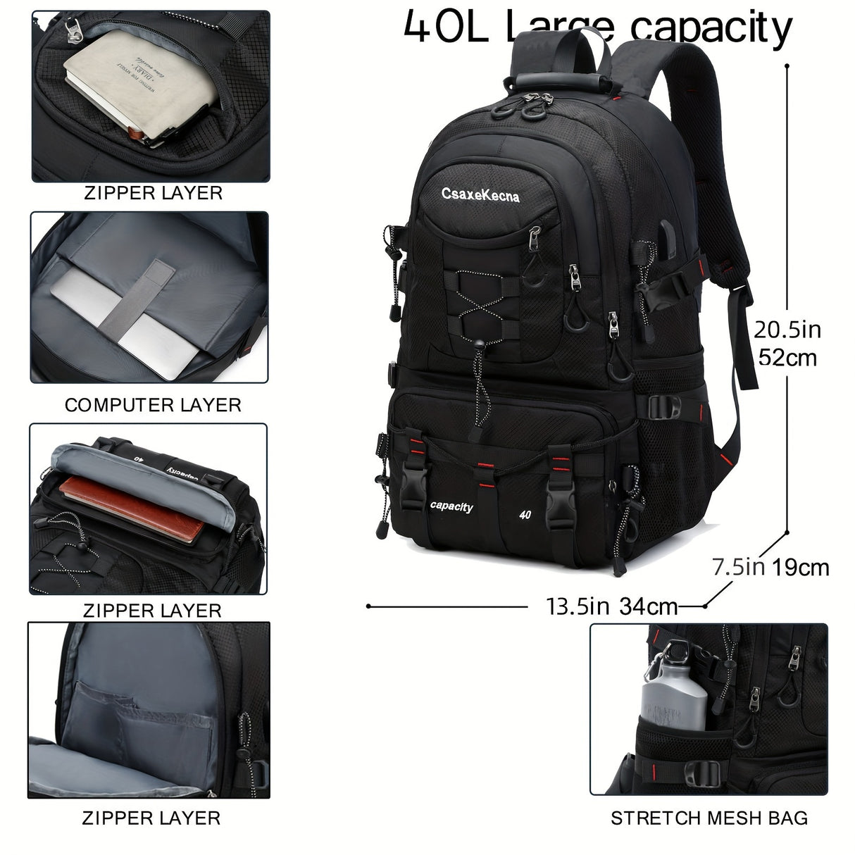 [Lightweight Hiking Backpack] CASAKECA 40L Lightweight Hiking Backpack | Durable Polyester Outdoor Travel Daypack with Laptop Sleeve, Adjustable Straps, USB Charging Port, and Multiple Compartments for Climbing, Camping & Tou