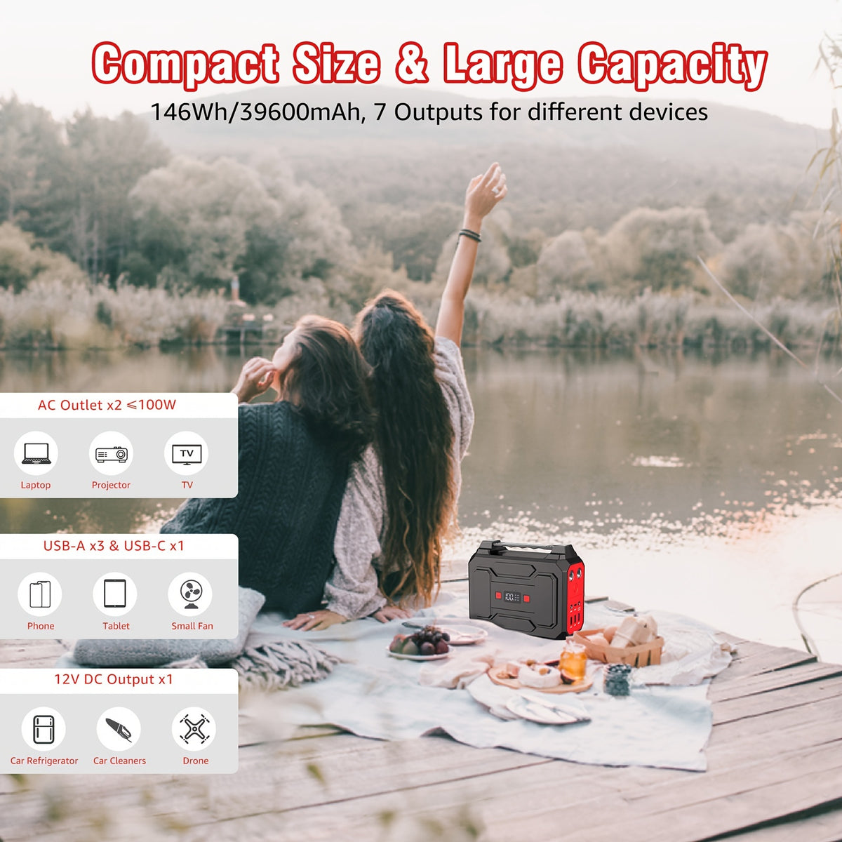 100W Portable Power Station with AC Outlet, USB-C Fast Charger, and LED Flashlights – Lightweight Lithium Battery Pack for Camping, Hiking, Road Trips, and Home Emergencies, Travel Charger | Functional Power Bank | Multifun