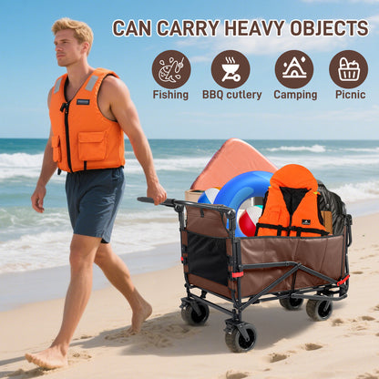 Collapsible Folding Wagon Cart, Convertible beach chair, Large Capacity Camping Wagon, Can hold up to 400 lbs, All Terrain Foldable Wagon, Heavy Duty Utility Wagon Cart For Grocery Outdoor Beach Gardening Shopping Fishing
