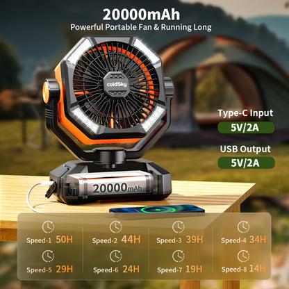 20000mAh Battery Powered Camping Fan - Dual Motor, 8-Speed Remote Control & 4 LED Lanterns, Portable Outdoor Fan with Tent Hook for Camping, Blackouts, Construction Sites
