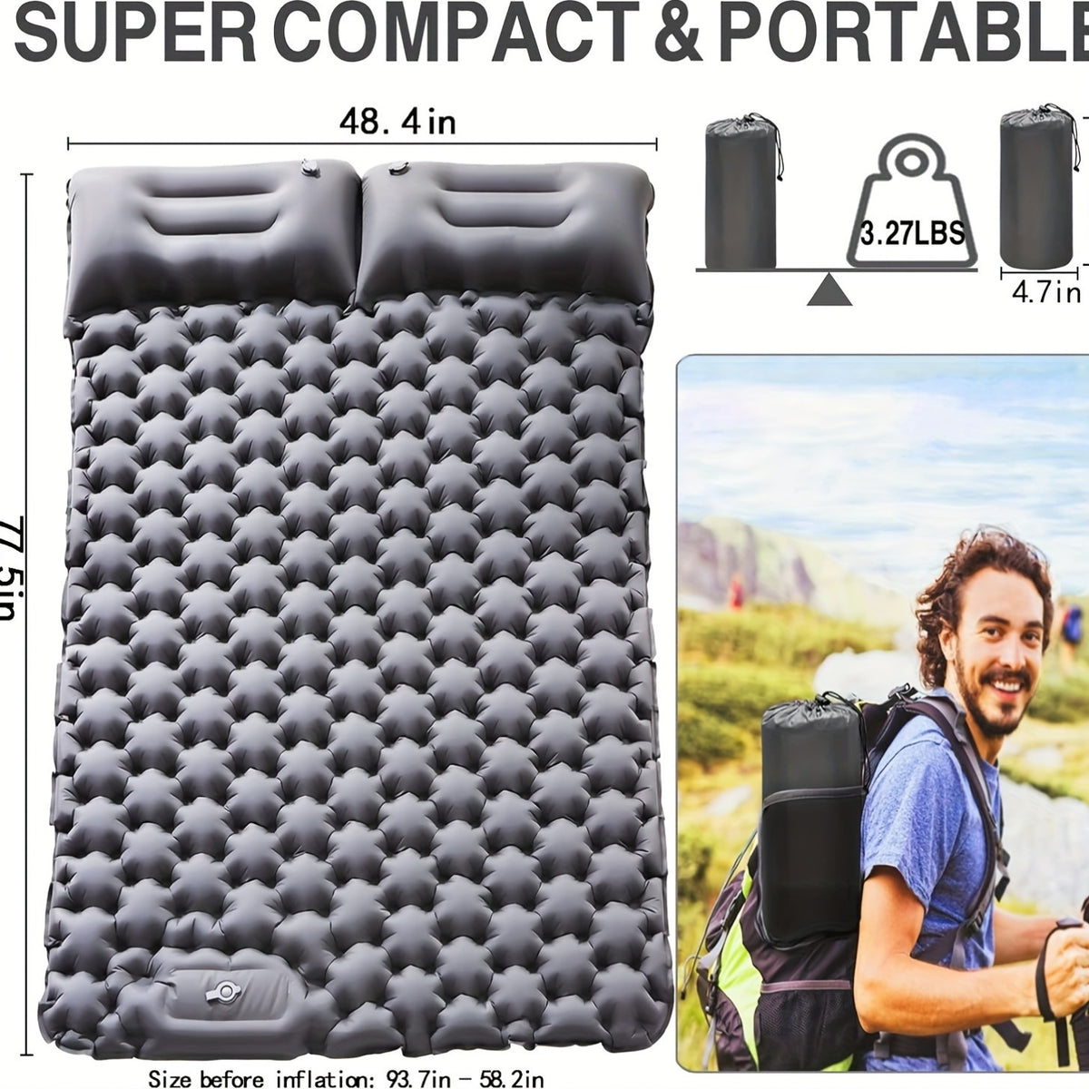 Portable 2-Person Waterproof TPU Coated Camping Air Mattress - Inflatable Bed with Built-in Pump, Compact Sleeping Pad, Carry Bag, and Repair Kit for Outdoor Camping, Hiking, Backpacking
