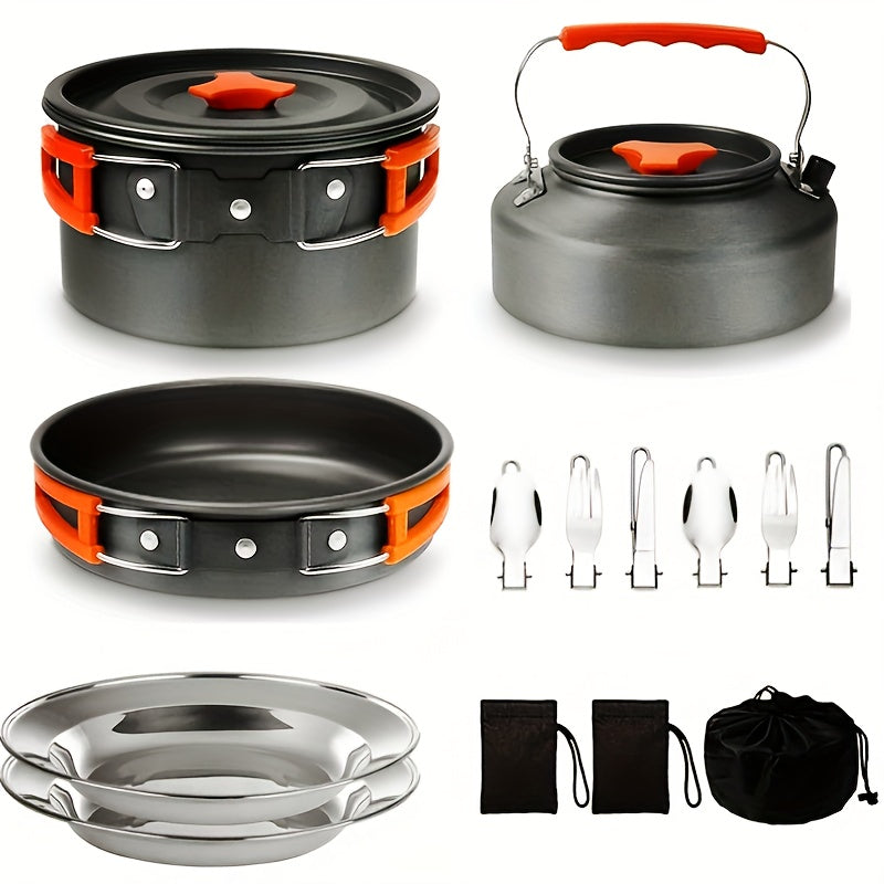 Kettle set pot 2-3 people camping pot and pan outdoor camping cookware portable combination pot set camping tableware, easy to carry and occupy little space, cooking pot, frying pan, kettle, two sets of knives and forks, fold