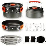 Kettle set pot 2-3 people camping pot and pan outdoor camping cookware portable combination pot set camping tableware, easy to carry and occupy little space, cooking pot, frying pan, kettle, two sets of knives and forks, fold
