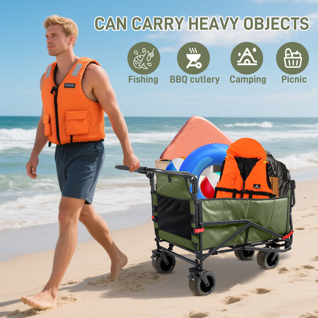 Collapsible Folding Wagon Cart, Convertible beach chair, Large Capacity Camping Wagon, Can hold up to 400 lbs, All Terrain Foldable Wagon, Heavy Duty Utility Wagon Cart For Grocery Outdoor Beach Gardening Shopping Fishing