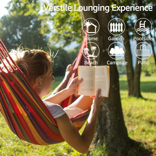 Sturdy Anti-Tip Canvas Hammock with Tree Straps - 660lbs Capacity, Colorful Portable Outdoor/Indoor Lounger for Patio, Garden, Beach, Camping - Includes Travel Bag, 102x31.5in, Hammocks for Outside