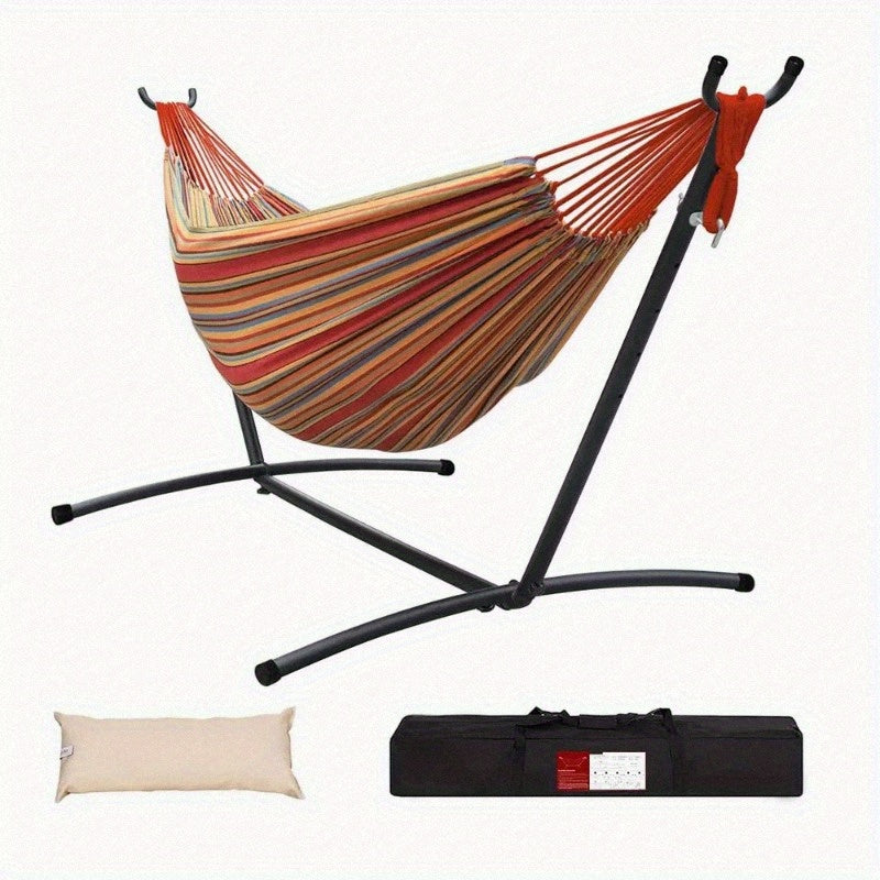 Heavy-Duty 450lb Capacity Double Hammock with Space-Saving Steel Stand - 84"x59" Outdoor/Indoor Durable Canvas & Weather-Resistant Powder Coated Steel Frame, Foldable Design w/Carrying Case & Head Pillow for Camping, Patio, G