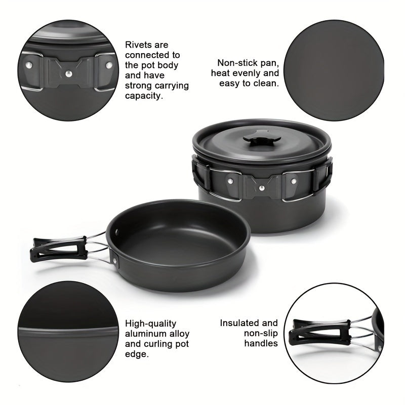 Kettle set pot 2-3 people camping pot and pan outdoor camping cookware portable combination pot set camping tableware, easy to carry and occupy little space, cooking pot, frying pan, kettle, two sets of knives and forks, fold