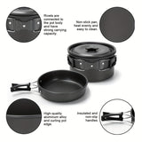 Kettle set pot 2-3 people camping pot and pan outdoor camping cookware portable combination pot set camping tableware, easy to carry and occupy little space, cooking pot, frying pan, kettle, two sets of knives and forks, fold