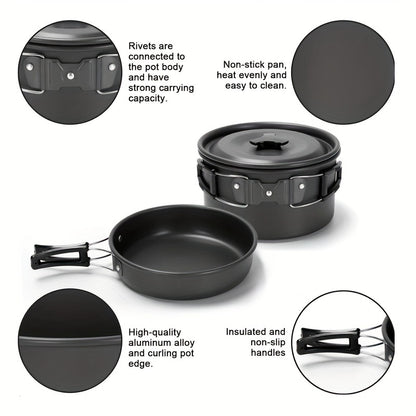 Kettle set pot 2-3 people camping pot and pan outdoor camping cookware portable combination pot set camping tableware, easy to carry and occupy little space, cooking pot, frying pan, kettle, two sets of knives and forks, fold