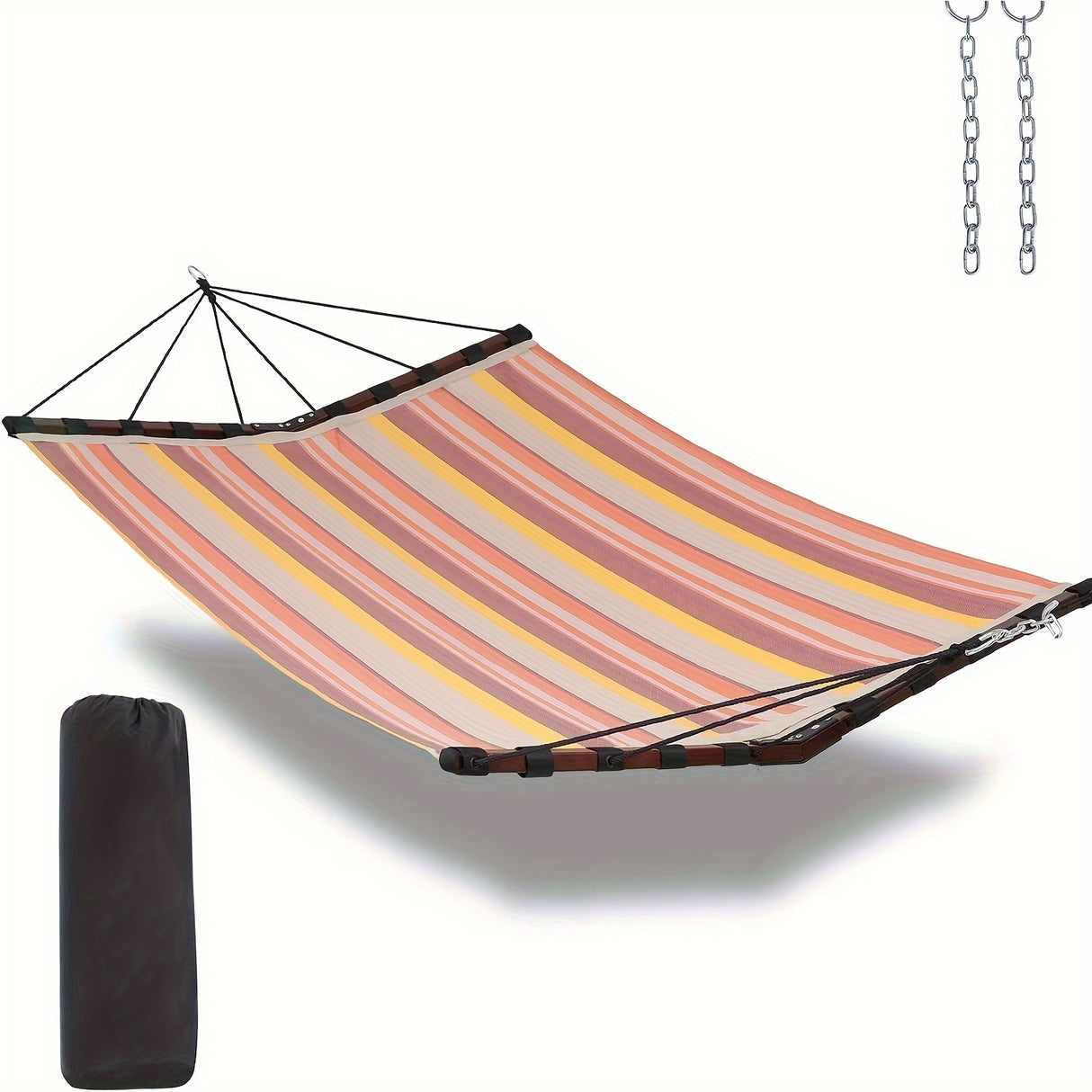 Deluxe 12ft 2-Person Beige Hammock with V-Shaped Hardwood Spreader Bar & Durable Nylon Rope - 450LB Capacity, Quick-Dry Fabric for Patio, Garden, Backyard, Beach & Poolside Relaxation, Hammocks for Outside